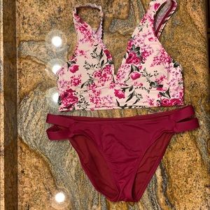 Mossimo Floral Bikini Top with Solid Berry Bottom
